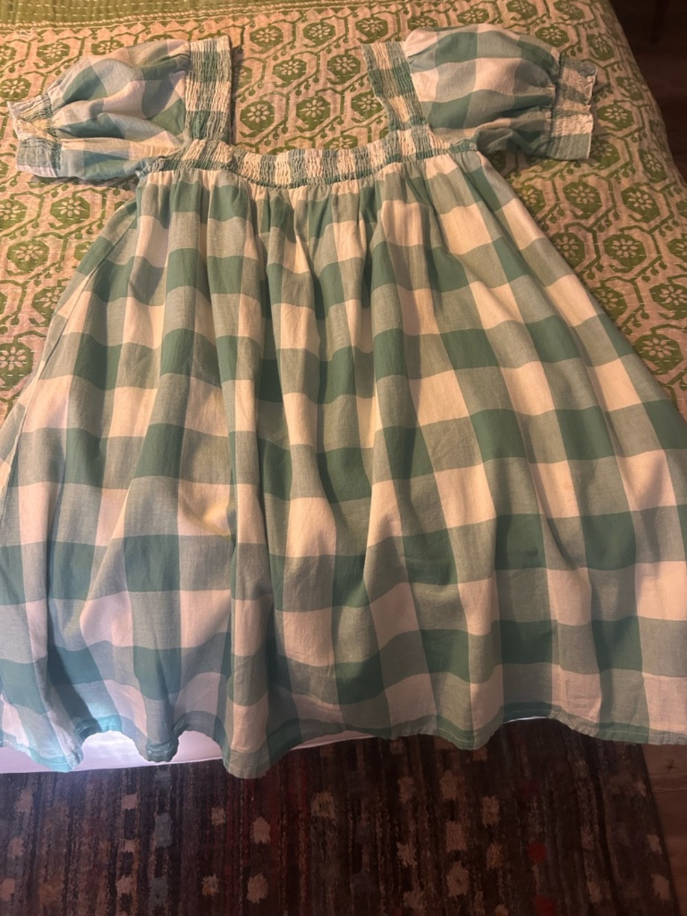 Kelly Green and White Gingham Square-Neck Casual Dress - Women